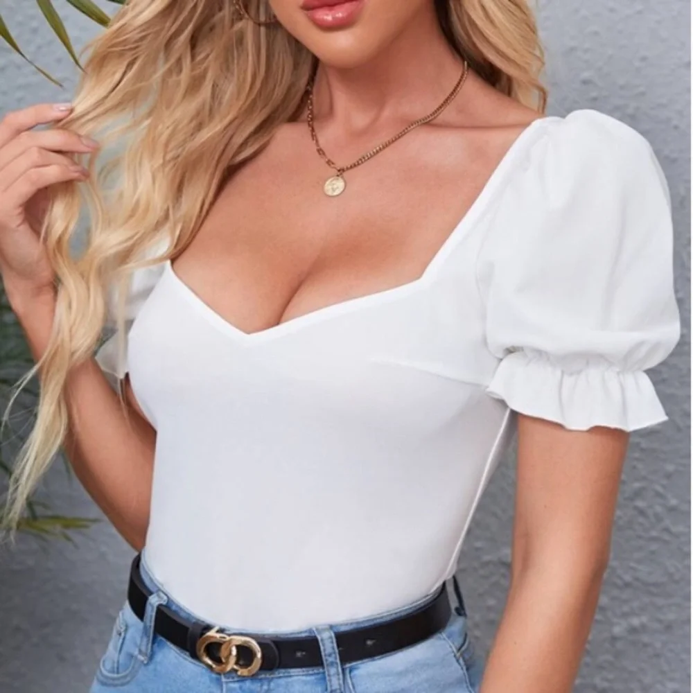 Boho Black  Sweetheart Puff Sleeve Ruffle Top - Picture 7 of 11